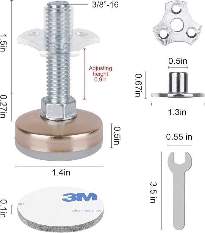 Heavy Duty Furniture Levelers 3/8''-16 Thread w/ T-Nut Kit Furniture Leveling - Image 2