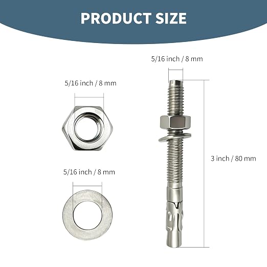 5/16"x3"304 Stainless Steel Wedge Concrete Anchors, Heavy Duty Expansion Bolts - Image 2