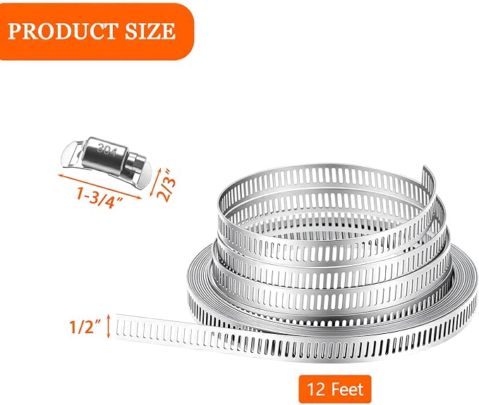 Dianrui DIY Hose Clamps 12FT 304 Stainless Steel Metal Strap + 8PCS Stronger - Image 2