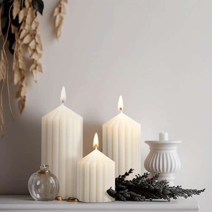 Conelist Set of 3 White Ribbed Pillar Candles Soy Wax Scented Ribbed Candle | - Image 6