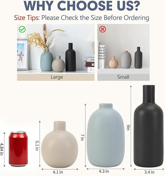 Large Ceramic Vase Set of 3, Neutral Vases Home Decor Waterproof | Farmhouse - Image 2