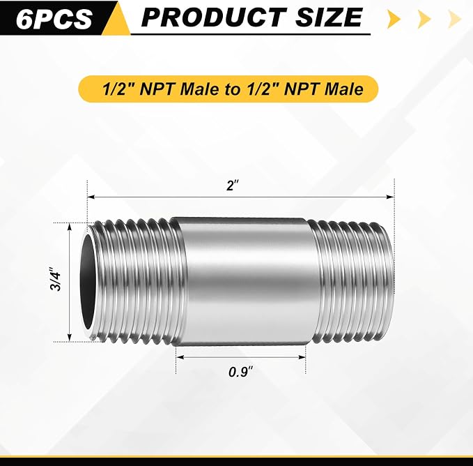 6 Pcs 304 Stainless Steel Pipe Fittings 1/2" Npt x 1/2" Npt Male Threaded 2" - Image 2