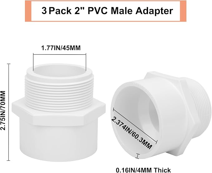 3Pack 2" PVC Male Adapter Pipe Fittings, 2-Way PVC Hose Adapter Coupling - Image 2
