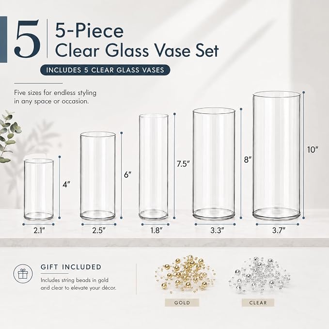 5pcs Glass Vase Cylinder Vases for Centerpieces 4, 10 Inch Tall Small Flower - Image 5
