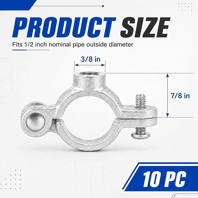 10 Pack 1/2 in. Hinged Split Ring Pipe Hanger, Galvanized Iron - Image 2