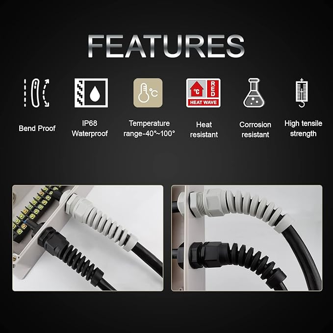 2Pcs NPT 1/2" IP68 Waterproof Cable Gland Flex Spiral Strain Relief Black Nylon - Image 4