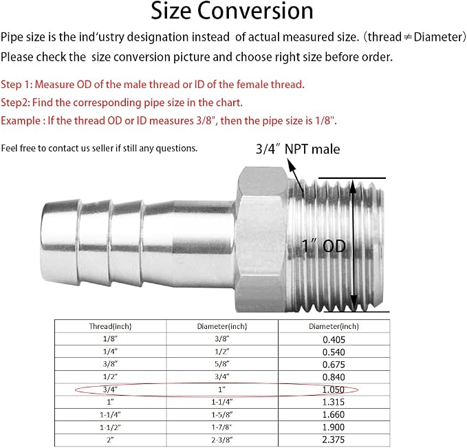 Stainless Steel Hose Barb Fitting 3/8" Hose Barb to 3/4" NPT Male Thread - Image 2