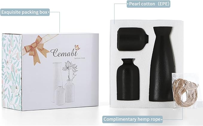 CEMABT Black Ceramic vase Set-3 Small Flower vases - Image 4