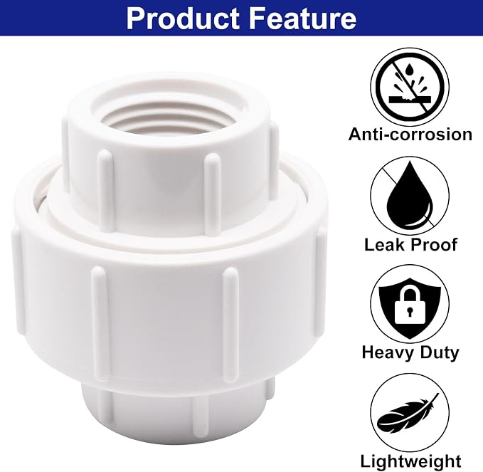 1/2 inch PVC Pipe Union Fittings, PVC Connectors Female Thread Coupling - Image 4