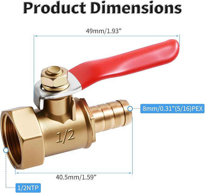 2 Pcs Brass Ball Valve, 8mm x 1/2 Inch, Female NPT | Full Port Shut Off Valve - Image 2