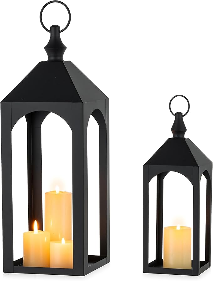 17" & 11" Black Metal Outdoor Floor Lantern, Front Porch Decor | Set of 2 by Staymoment