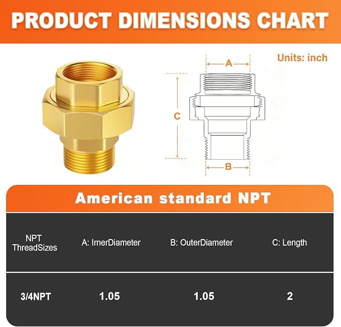 GASHER 2PCS 3/4" NPT Brass Union Pipe Fitting | 3/4 Inch Male x 3/4 Inch Female - Image 3