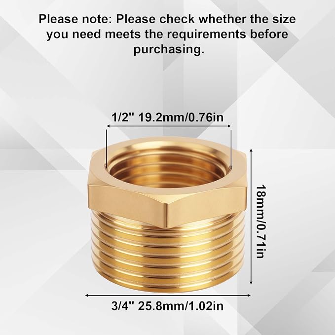 2pcs Brass Reducer Hex Bushing, 3/4" NPT Male to 1/2" NPT Female Adapter | - Image 2