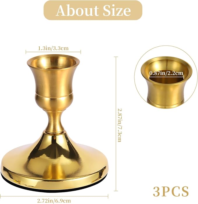 3 Pcs Brass Gold Taper Candle Holders, Vintage Metal Candlestick Holders Set - Image 3
