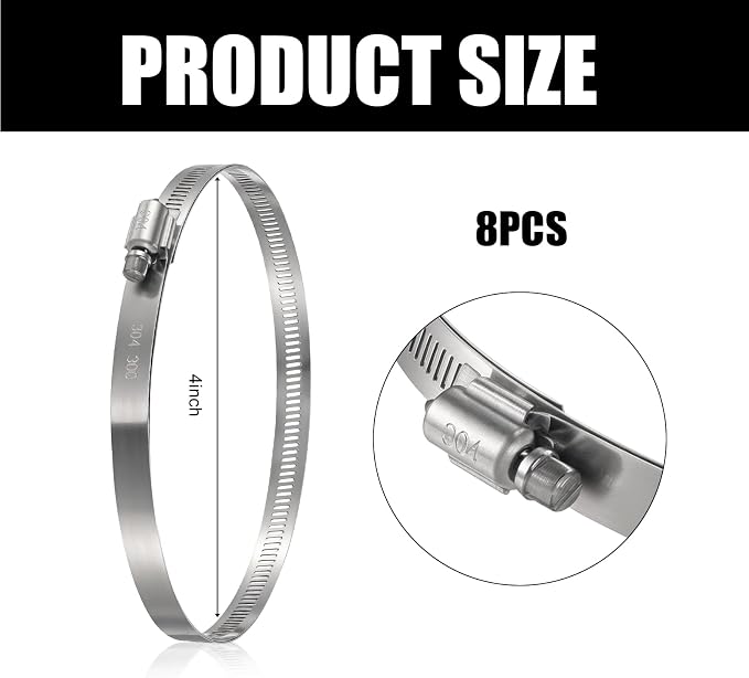 Boao Adjustable 304 Stainless Steel Duct Clamp Hose Clamp, 8 Pieces, 4 Inch - Image 2