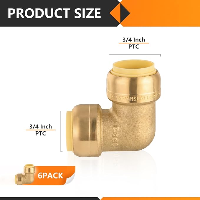 6PC HeSun 3/4" x 3/4" Push-fit 90 Degree Elbow | Brass Push-to-Connect Plumbing - Image 2