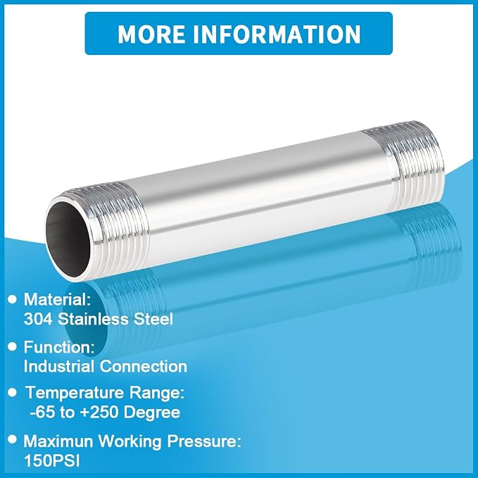 Quickun 304 Stainless Steel Nipple Pipe Fitting, 3/8" NPT x 3/8" NPT Male - Image 3