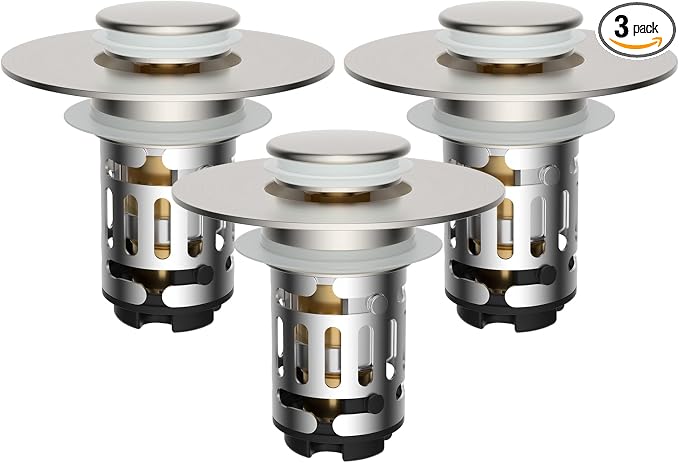 Hibbent 3 PCS Upgraded 3 in 1 Bathroom Sink Drain Strainer, Pop Up Stopper by Hibbent