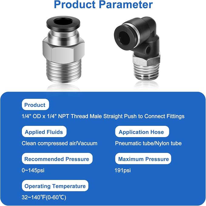 CNAODUN 12 Pcs Push to Connect Fittings 1/4 Inch Tube OD x 1/4 Inch NPT Thread - Image 2