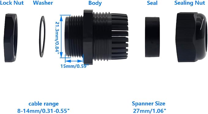 1/2 Inch NPT Strain Relief Nylon Cord Grip, SAFYY 20 PCS Waterproof Cable - Image 2