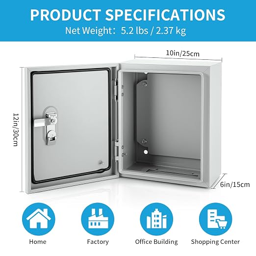 12" x 10" x 6" Heavy Duty Steel Electrical Enclosure, Outdoor Weatherproof Wall - Image 2