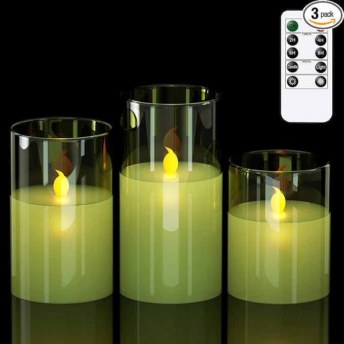 GenSwin Glass Flameless Led Candles Battery Operated Remote Timer Green | by GenSwin
