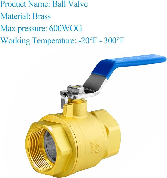 WiseWater 1/2" NPT Full Port Brass Ball Valve, UPC Certified, 600 WOG, Plumbing - Image 2