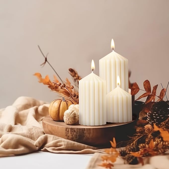 Conelist Set of 3 White Ribbed Pillar Candles Soy Wax Scented Ribbed Candle | - Image 5