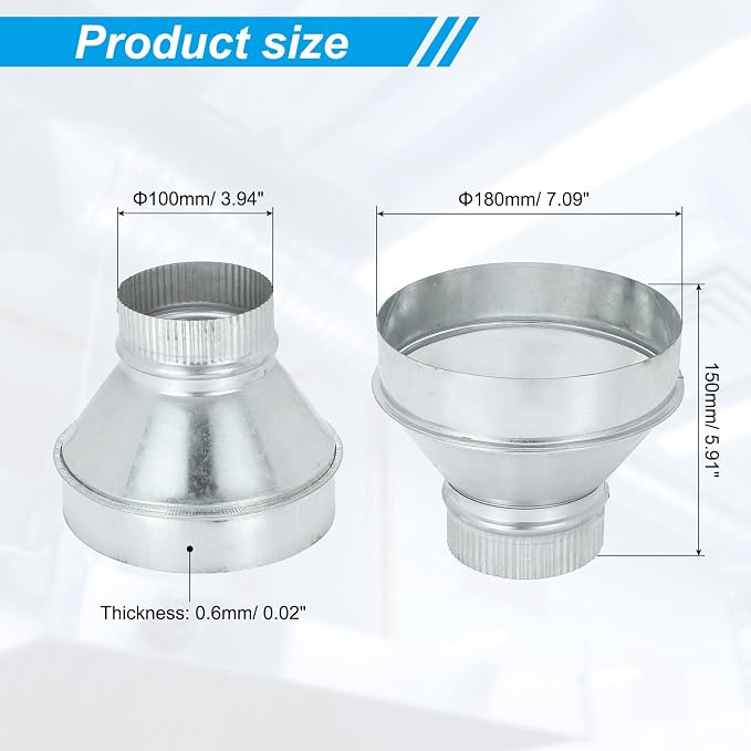 PATIKIL 7 Inch to 4 Inch Duct Reducer, Galvanized Steel Round Air Duct Reducer - Image 2