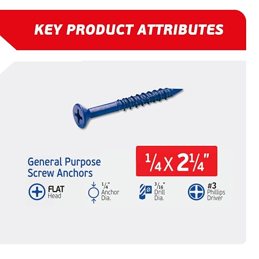 1/4 x 2-1/4" Countersunk Phillips Flat Head Blue Concrete Screw Anchors - Image 2
