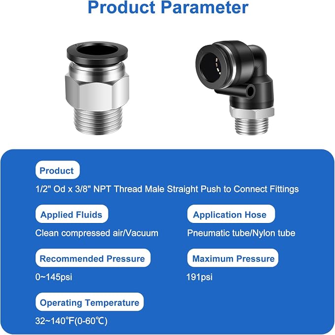 CNAODUN 12 Pcs Push to Connect Fittings 1/2 Inch Tube OD x 3/8 Inch NPT Thread - Image 2