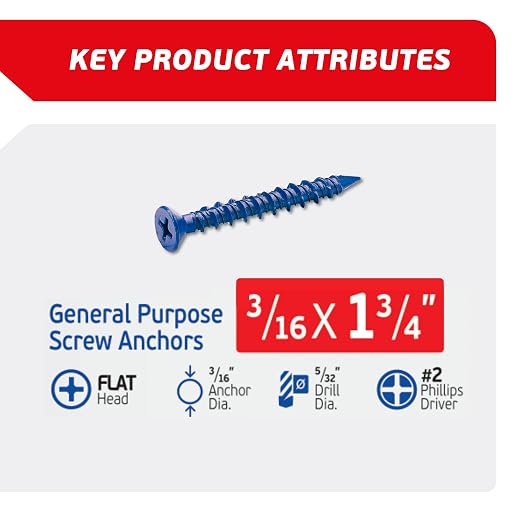 3/16 x 1-3/4" Countersunk Phillips Flat Head Blue Concrete Screw Anchors - Image 2