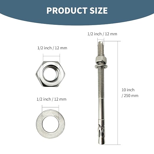 1/2"x10"304 Stainless Steel Wedge Concrete Anchors, Heavy Duty Expansion Bolts - Image 2