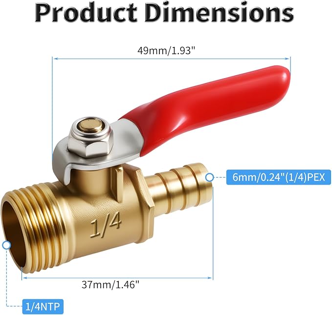 2 Pcs Brass Ball Valve, 6mm x 1/4 Inch, Male NPT | Full Port Shut Off Valve - Image 2