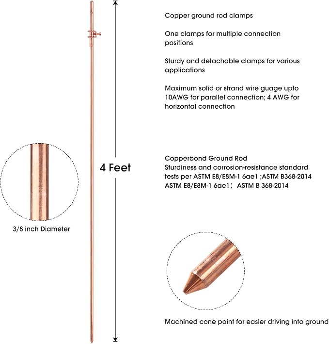 4 Foot Copper Grounding Rod, 3/8" Dia. Bonded Copper Ground Rod Equipped - Image 2