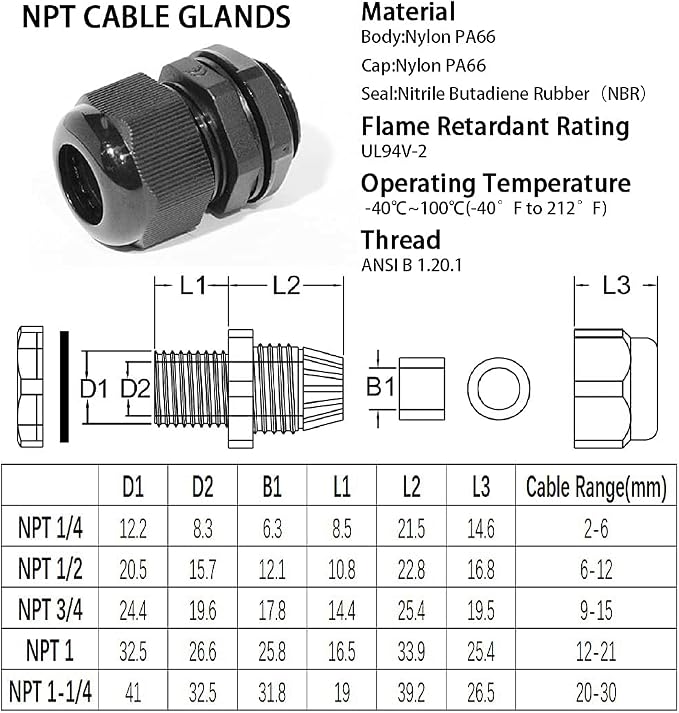 PENGLIN 20PCS Waterproof Adjustable Cable Glands 1/4" NPT Cable Connector | - Image 3