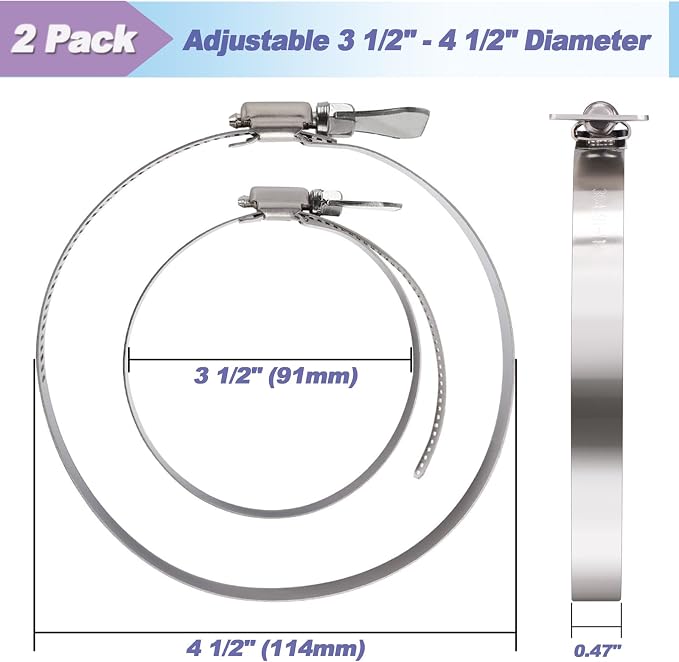 2 Pack 4 inch Hose Clamp, Adjustable 3 1/2"-4 1/2" OD, Handle Screw | 304 - Image 3
