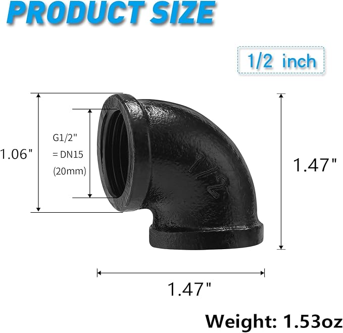 1/2" Black Threaded Elbow, 20 Pack DN15 Female Threaded Cast Malleable Iron - Image 2