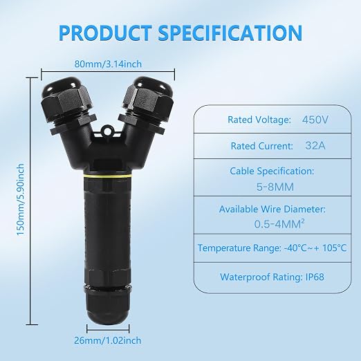 2PCS IP68 Waterproof Electrical Cable Connector, Outdoor 2 Way Y Shape Junction - Image 2