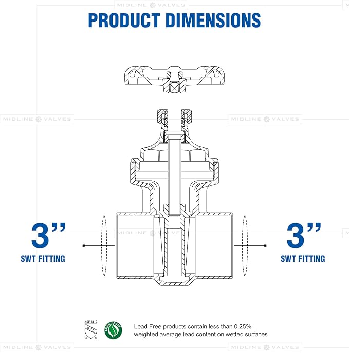 Midline Valve 427D225 Gate Valve, Lead-Free 3 in. Sweat Connection, Cast Brass - Image 3