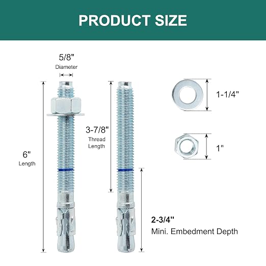 5/8" x 6" Concrete Anchors 5/8 inch Wedge Anchors Bolts Zinc Plated - Image 2