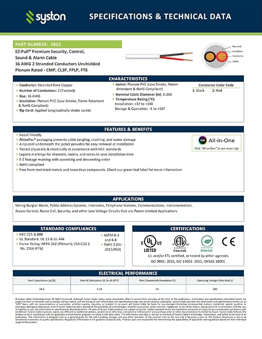 Syston 16/2 Fire Alarm Security Cable, Stranded Copper, Plenum-Rated CL3P - Image 3