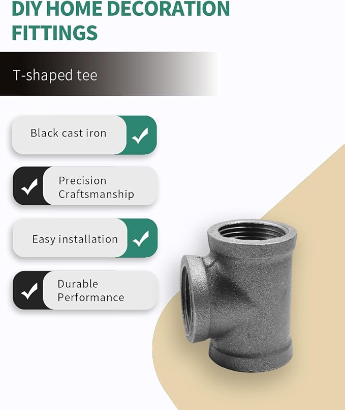 Black Cast Iron Tee Fitting 1/2" Female Thread, 3 Way Industrial Pipe Connector - Image 4