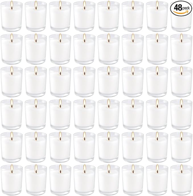 YOROXRG 48 Pack White Unscented Clear Glass Filled Votive Candles. Hand Poured by YOROXRG