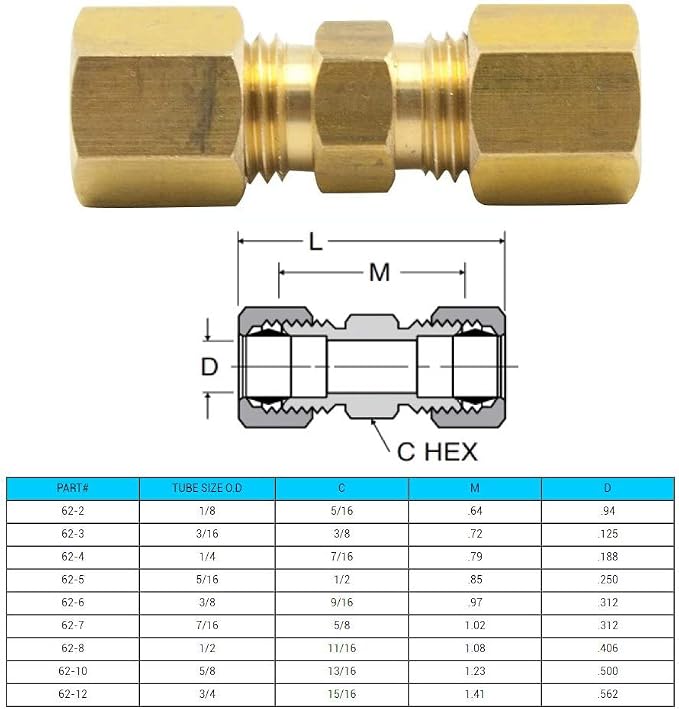Pack of 2 Compression Union Brass Tube Fitting, 3/16" x 3/16" Compression - Image 2