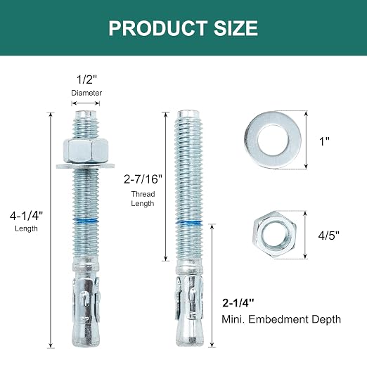 1/2" x 4-1/4" Concrete Anchors 1/2 inch Wedge Anchors Bolts Zinc Plated - Image 2