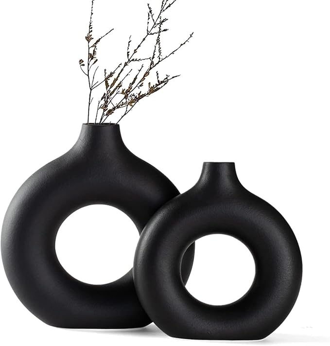 Black Ceramic Donut Vase Set of 2, Big Hollow Round Matte Pampas Flower Vases by Hanaomaoyi