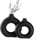 Black Ceramic Donut Vase Set of 2, Big Hollow Round Matte Pampas Flower Vases by Hanaomaoyi