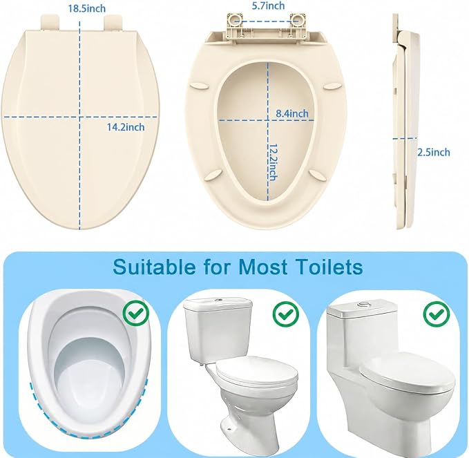 Almond Elongated Toilet Seat, 18.5 x 14.2 Inch Durable Plastic Toilet Seat - Image 5