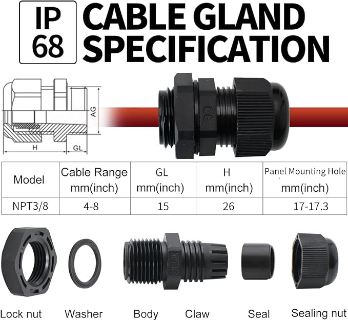 10-Pack 3/8" NPT Cable Glands, IP68 Waterproof Nylon PA66 Strain Relief Cord - Image 2